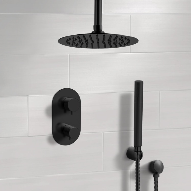 Shower Faucet, Remer SFH38, Matte Black Thermostatic Ceiling Shower System with Rain Shower Head and Hand Shower